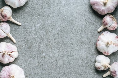 Olgun sarımsak ampuller ile kopya alanı gri arka plan üzerinde çerçeve