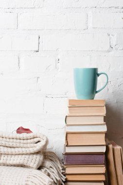 pile of books, blanket with autumn leaf and cup of hot beverage near white brick wall clipart