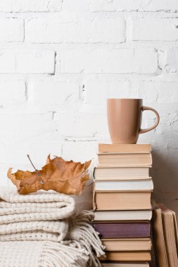 pile of books, blanket, dry autumn leaf and cup of hot beverage near white brick wall clipart