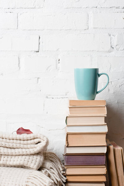 pile of books, blanket with autumn leaf and cup of hot beverage near white brick wall