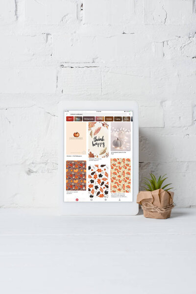 digital tablet with pinterest application and green potted plant near white brick wall