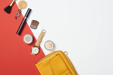 Flat lay with mascara, watch, bag, eyeshadow, cosmetic brushes and earring clipart