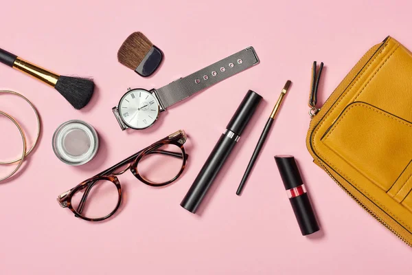 Top View Watch Bag Lipstick Glasses Eyeshadow Bracelets Mascara Cosmetic — Stock Photo, Image