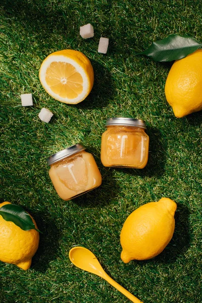 Top view of lemons, sugar, puree in jars and spoon on green lawn — Stock Photo