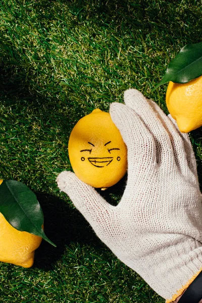 Cropped image of person in glove holding lemon with drawing face — Stock Photo