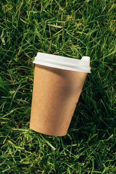 Blick von oben auf Einwegbecher Kaffee auf grünem Gras — Stockfoto