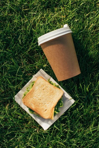 Top view of disposable cup of coffee and sandwich on napkin on green grass — Stock Photo