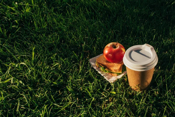 Close up view of coffee to go, sandwich and apple on green grass — Stock Photo