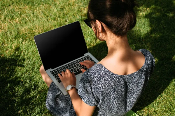 Visão traseira do freelancer trabalhando no laptop no gramado verde no parque — Fotografia de Stock