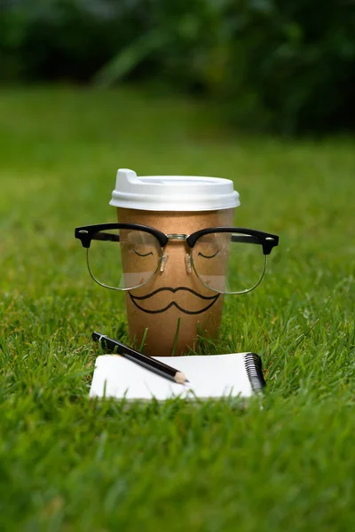 Vista da vicino di tazza usa e getta con baffi segno, occhiali e notebook con matita su erba verde — Foto stock