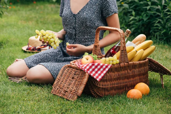 Imagen recortada de la mujer comiendo uvas y sentado en la hierba verde en el picnic - foto de stock