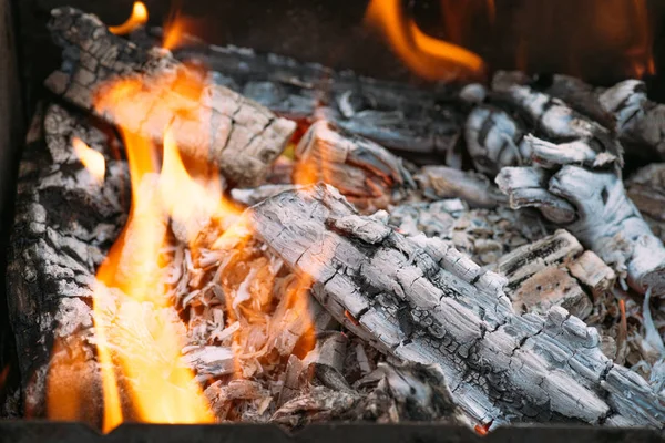 Close up of bonfire with flame and firewood — Stock Photo