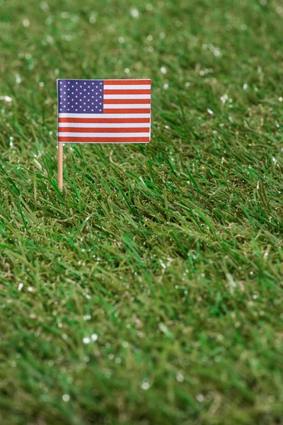 Close up view of american flagpole on green grass — Stock Photo