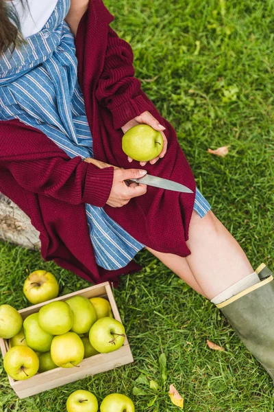 Vista recortada de mujer joven con cuchillo y manzanas verdes sentado en la hierba - foto de stock