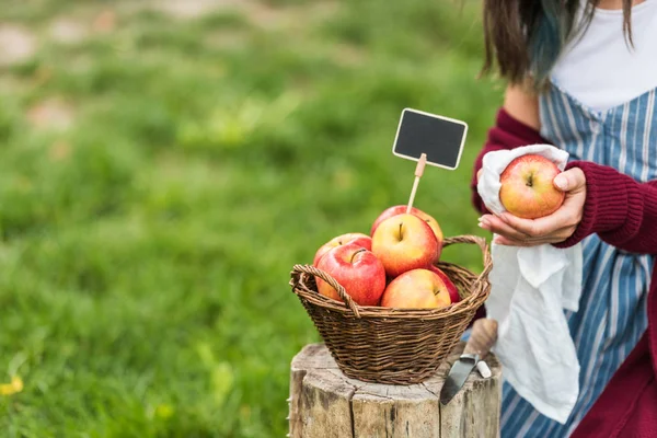 Vista recortada de niña vendiendo manzanas frescas recogidas en canasta de mimbre con etiqueta vacía - foto de stock