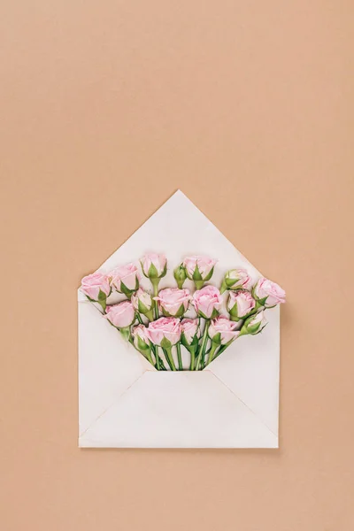 Top view of pink roses in white envelope on beige surface — Stock Photo