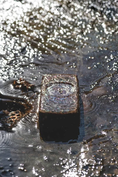 Eau goutte à goutte sur brique dans la rivière, soleil réfléchissant sur la surface — Photo de stock