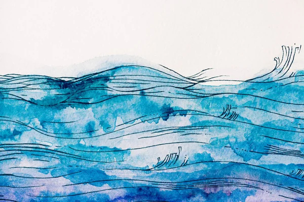 Морські хвилі, зроблені синьою акварельною фарбою на білому тлі — стокове фото