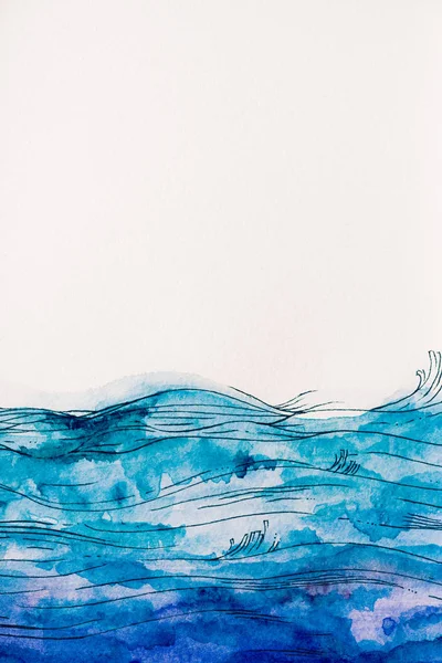 Vagues de mer faites par peinture aquarelle bleue sur fond blanc — Photo de stock
