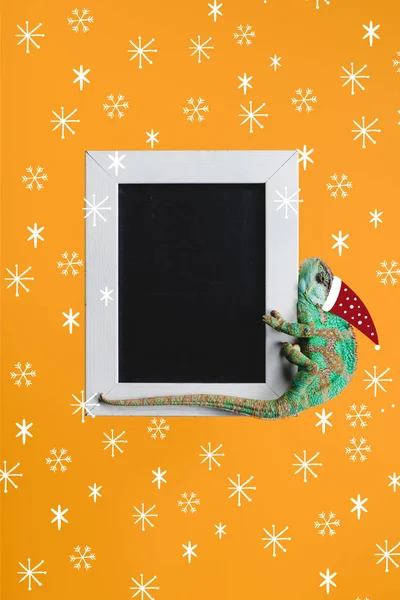 Grünes Chamäleon mit Weihnachtsmütze auf Tafel in weißem Rahmen isoliert auf Orange mit weihnachtlichen Schneeflocken — Stockfoto