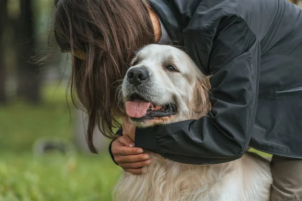 Young woman hugging cute funny dog in park — Stock Photo