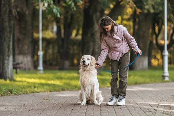Mujer joven con correa mientras pasea con el perro en el parque - foto de stock