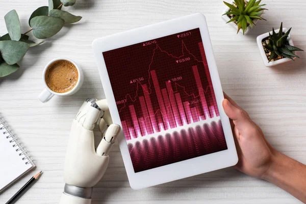 Обрізане зображення бізнесмена з рукою кіборга за допомогою цифрового планшета з графами за столом з чашкою кави в офісі — стокове фото