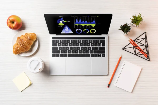 Top view of laptop with business charts, croissant, apple and paper cup at workplace — Stock Photo