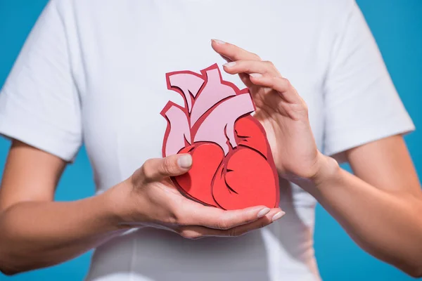 Cropped shot of woman in white tshirt holding paper made heart on blue backdrop — Stock Photo