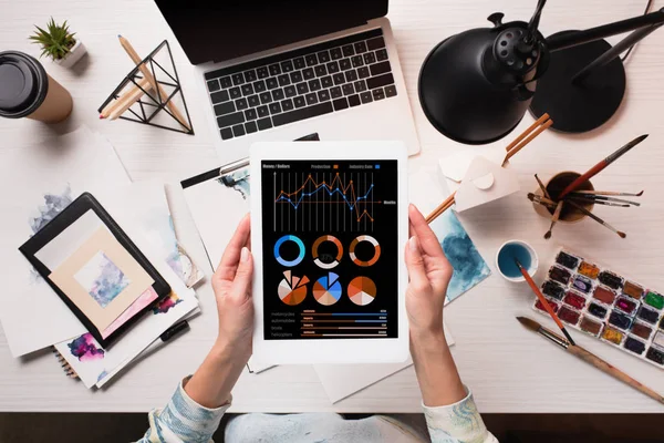 Cropped view of designer holding tablet with graphs on screen at office desk with art supplies, flat lay — Stock Photo