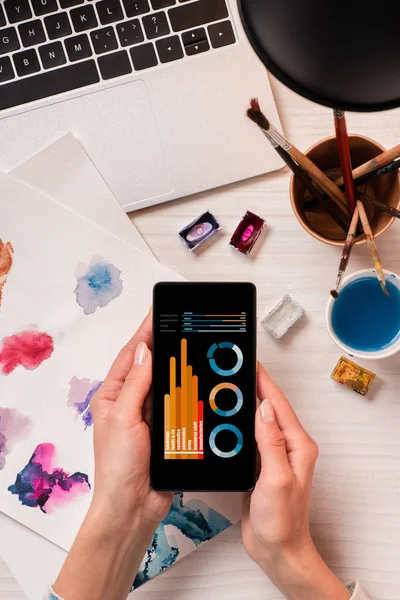 Ausgeschnittene Ansicht des Designers am Schreibtisch mit Smartphone und Grafik auf dem Bildschirm, flache Lage — Stockfoto