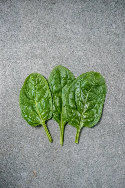 Rangée de feuilles d'épinards humides et fraîches sur fond gris — Photo de stock