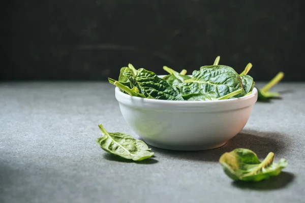 Hojas de espinaca vegetariana en tazón blanco sobre fondo gris - foto de stock