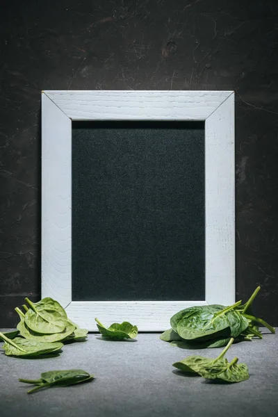 Blank board in white frame with fresh picked spinach leaves — Stock Photo