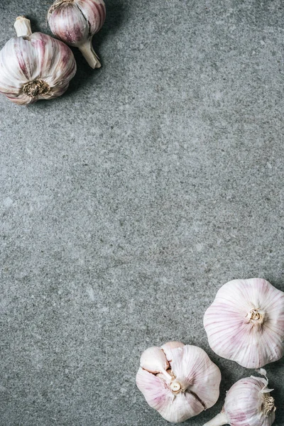 Vista dall'alto di diversi bulbi di aglio maturi su sfondo grigio con spazio copia — Foto stock