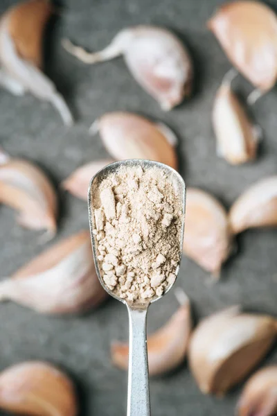 Close up view of spice in metal spoon and ripe garlic on grey background — Stock Photo