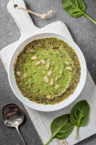 Top view of vegetable creamy soup with pumpkin seeds — Stock Photo