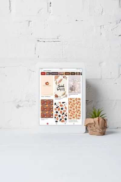 Tavoletta digitale con applicazione Pinterest e verde pianta in vaso vicino muro di mattoni bianchi — Foto stock