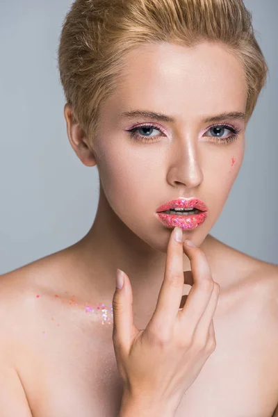 Beautiful Woman Glittering Makeup Touching Lips Looking Camera Isolated Grey — Stock Photo, Image