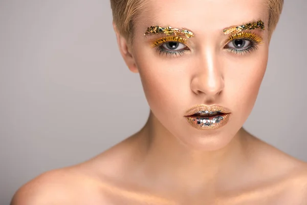 Attractive Woman Golden Glitter Face Looking Camera Isolated Grey — Stock Photo, Image
