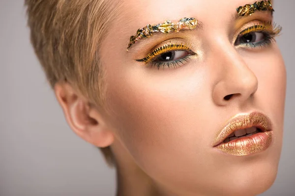 Headshot Attractive Woman Golden Glitter Face Isolated Grey — Stock Photo, Image