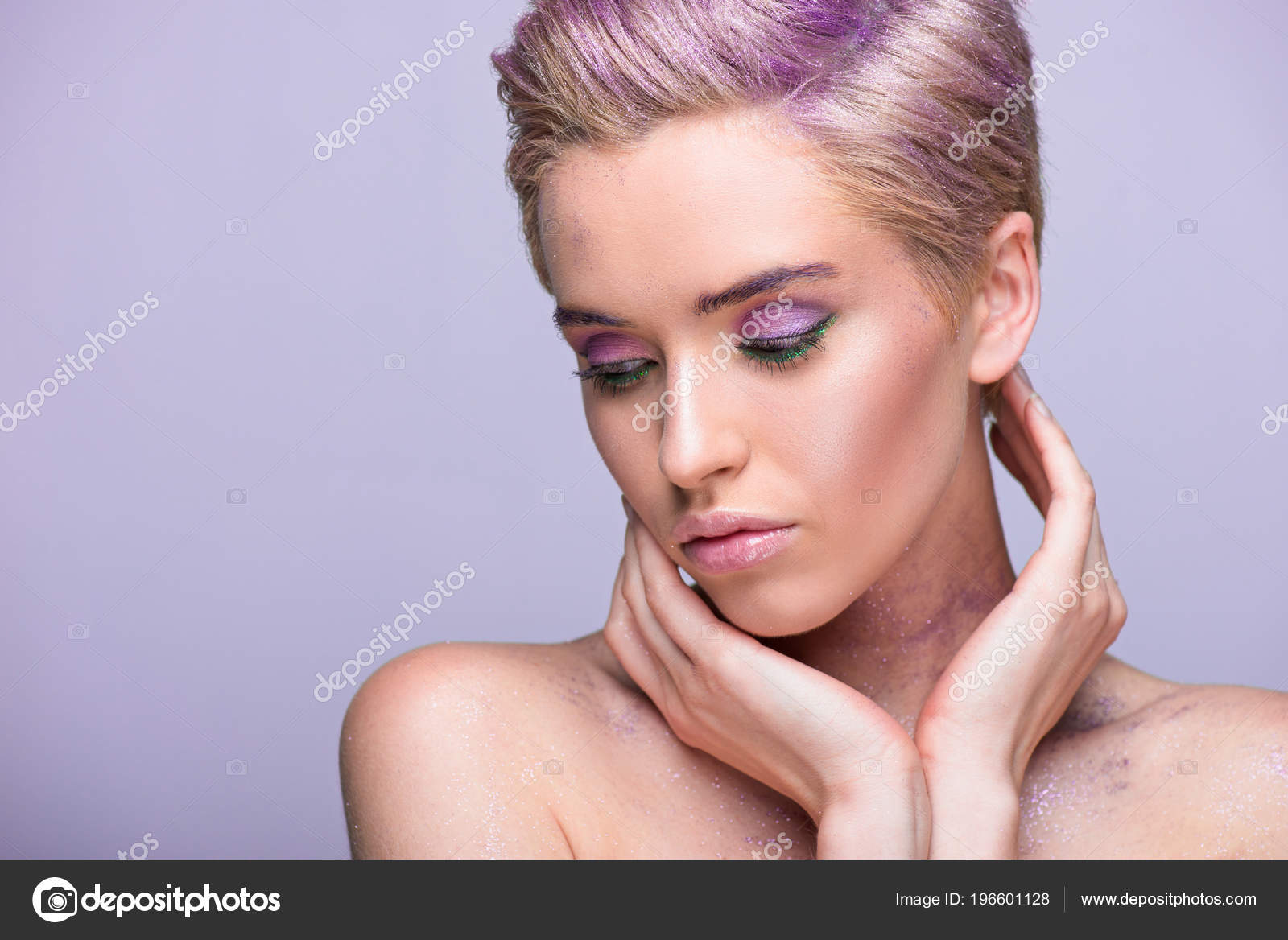  Attractive Woman Violet Glitter Neck Short Hair Looking Isolated Violet ...
