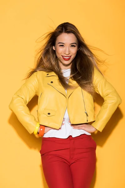 Attractive Young Asian Woman Leather Jacket Posing Yellow Background — Stock Photo, Image