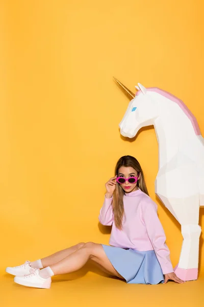 Young Asian Female Model Sunglasses Decorative Unicorn Yellow Background — Stock Photo, Image