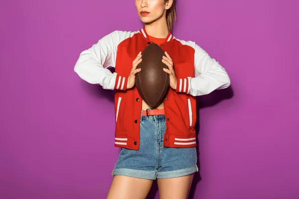 Cropped Shot Stylish Young Woman Holding Rugby Ball Isolated Violet — Stock Photo, Image