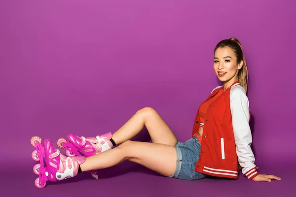 Attractive Young Asian Woman Roller Skates Sitting Smiling Camera Isolated — Stock Photo, Image