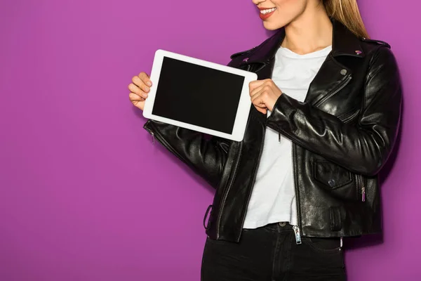 Cropped Shot Smiling Young Woman Holding Digital Tablet Blank Screen — Stock Photo, Image