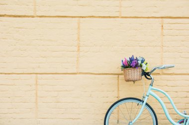 white bicycle with beautiful flowers in basket near wall  clipart