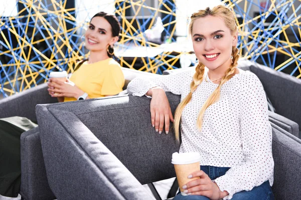 Smiling Businesswomen Paper Cups Coffee Modern Coworking Office — Stock Photo, Image