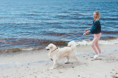 çekici mutlu kadın köpekle deniz kıyısında yürüyüş
